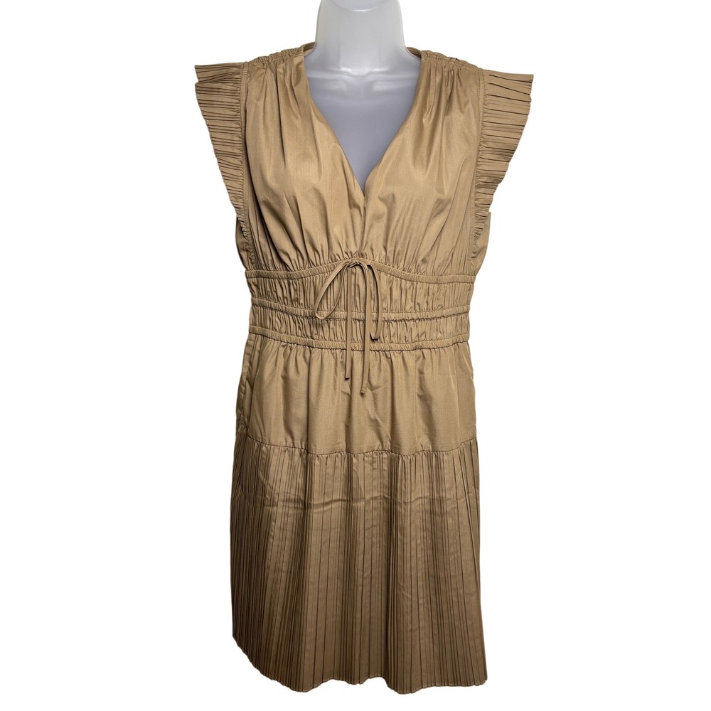 James Khaki Cap Sleeves Pleated Trim Smocked Waist V-Neck Mini Dress Women Small